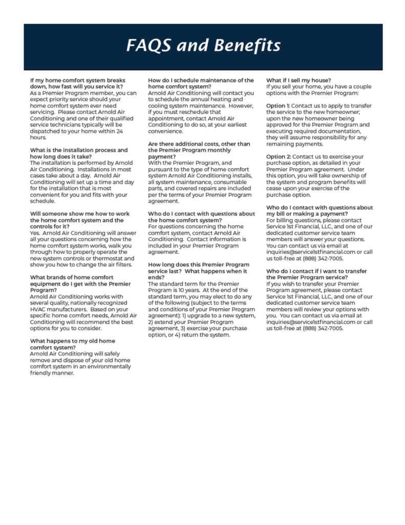 FAQ and Benefits infographic for the Premier Program offered by Arnold Air.